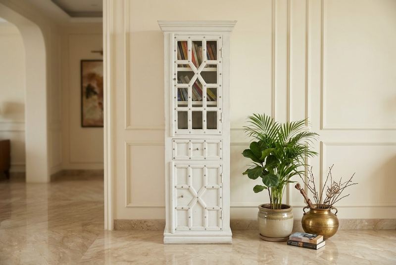 Lattice White glass-door cabinet in a styled room