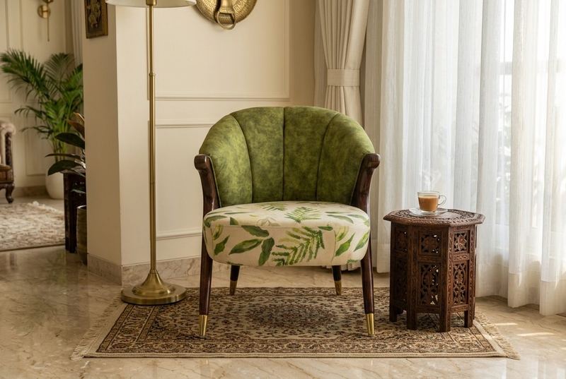 Leaf printed accent chair in a styled room