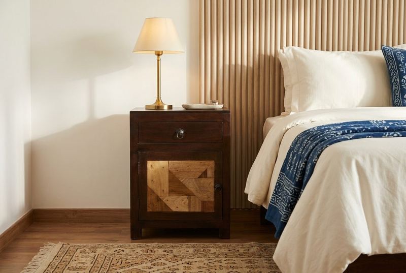 Parquet bedside cabinet in a styled room