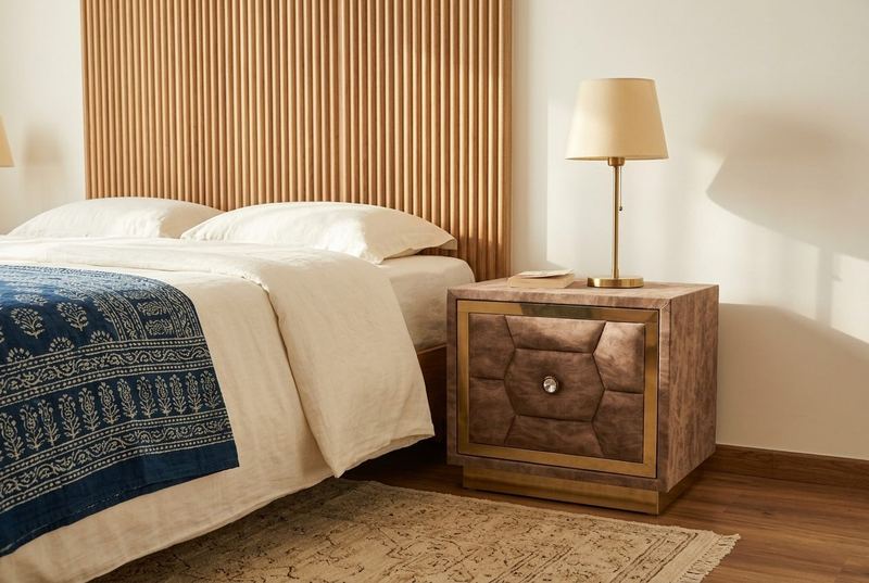 Plush tufted bedside table in a styled room