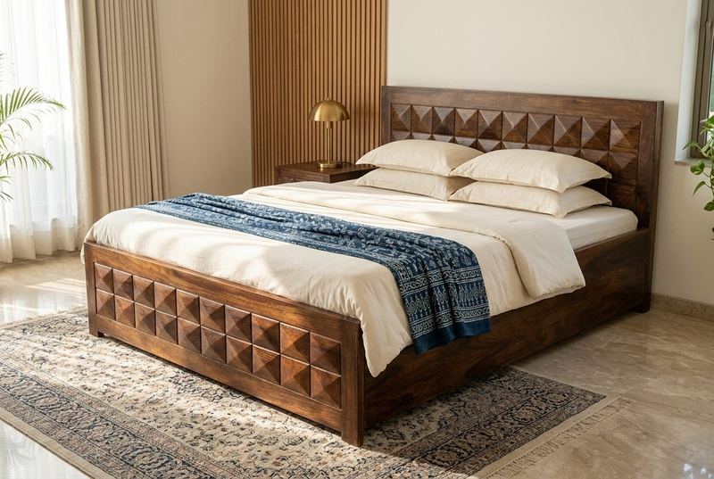 Pyramid diamond-carved storage bed in a styled room