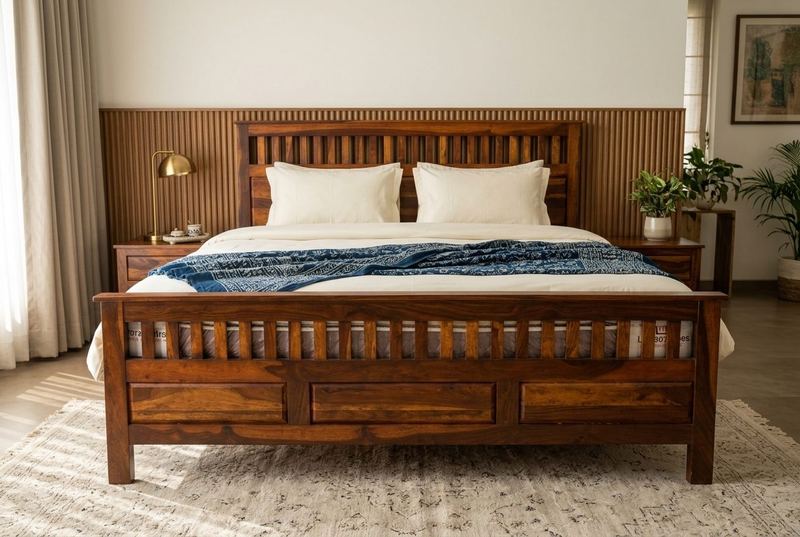 Railing sheesham slat bed in a styled room