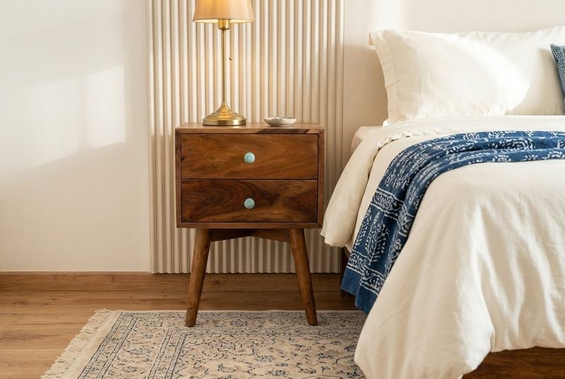 Retro Night sheesham bedside table in a styled room