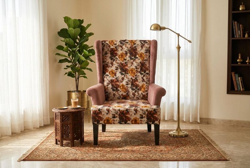 Rosebud floral wingback in a styled room