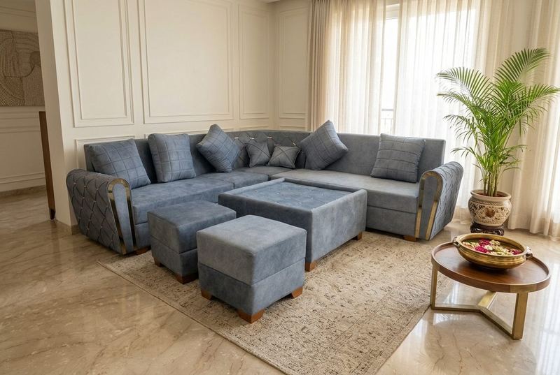 Smoke sectional with ottomans in a styled room