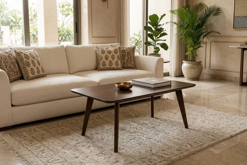 Tablet wooden coffee table in a styled room