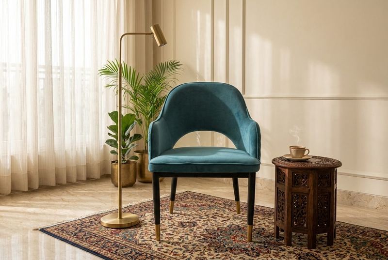 Teal Arc velvet accent chair in a styled room