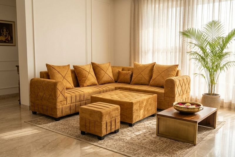 Turmeric sofa set with ottomans in a styled room