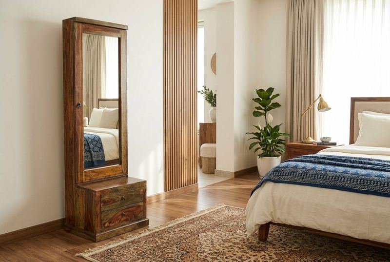 Vanity dresser with mirror in a styled room