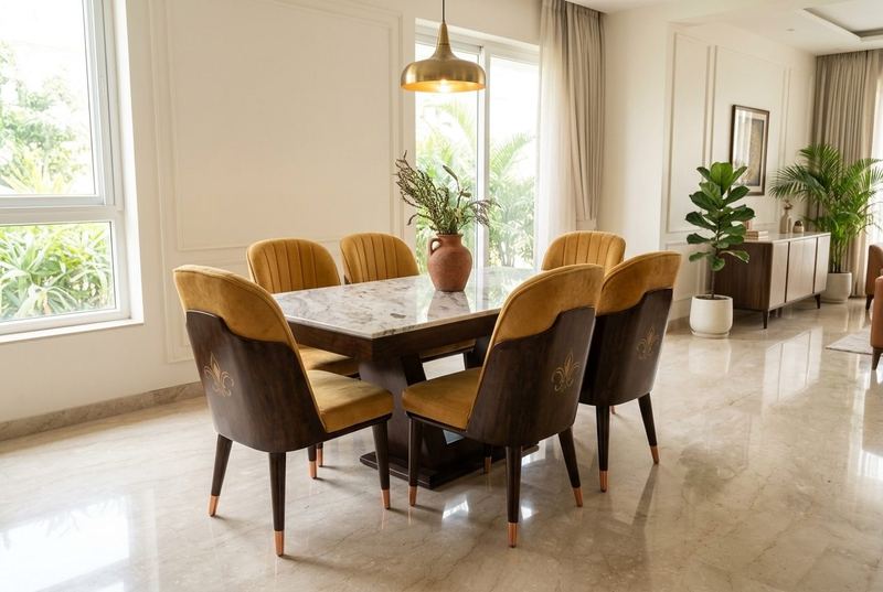 Ochre dining set, six seats in a styled room