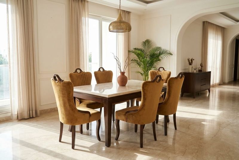 Amber velvet dining set in a styled room