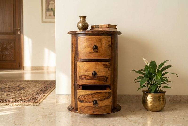 Barrel drum chest of drawers in a styled room