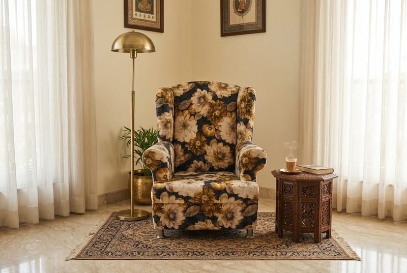 Chintz floral wingback in a styled room