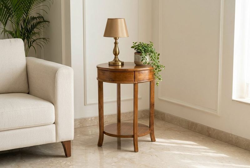 Halo Wood round side table in a styled room