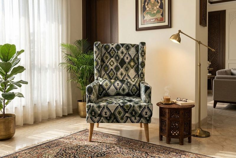 Ikat printed wingback in a styled room