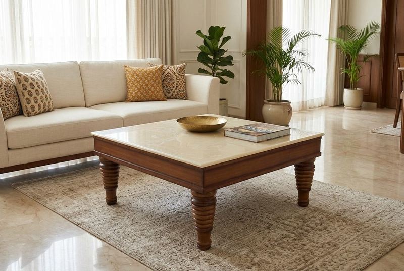 Marble Bun marble-top coffee table in a styled room