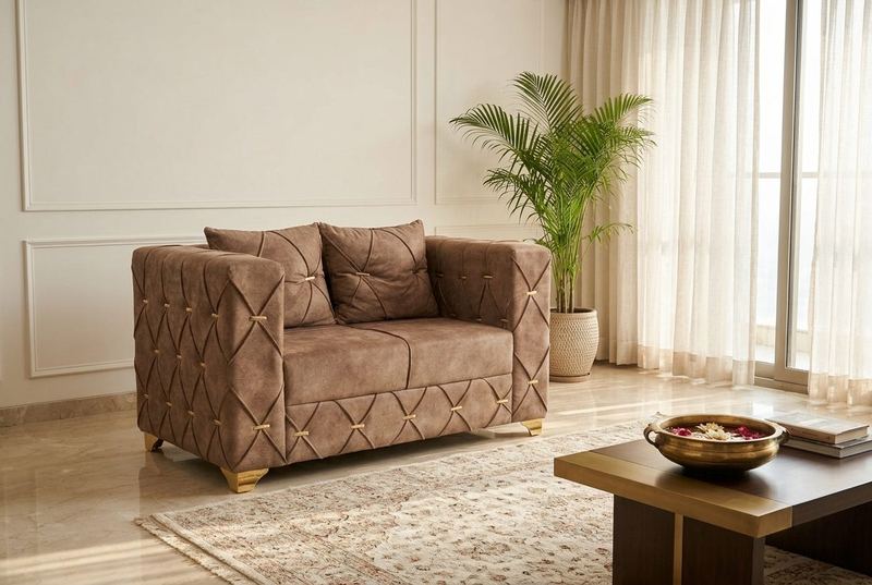Mocha Quilt quilted loveseat in a styled room