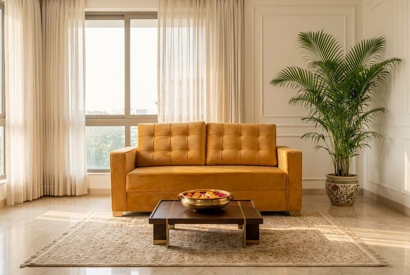 Mustard tufted sofa in a styled room