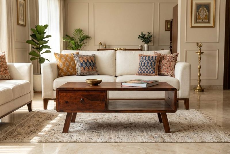 Retro coffee table with drawer in a styled room