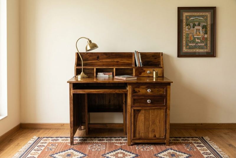 Scholar desk with hutch in a styled room