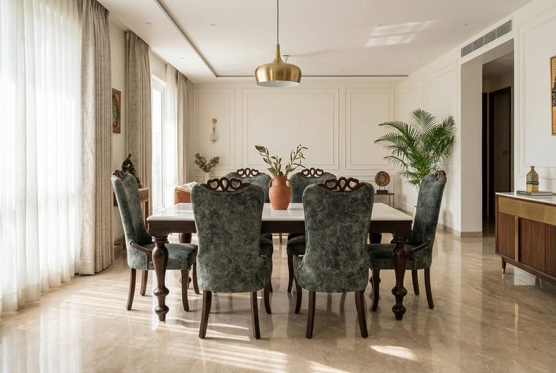 Silver dining set with carved chairs in a styled room