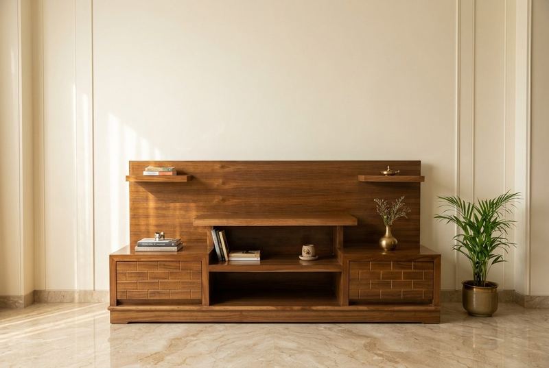 Teak media wall unit in a styled room