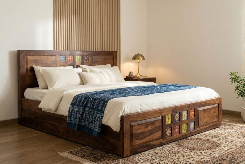 Tile Bed tile-inlay storage bed in a styled room
