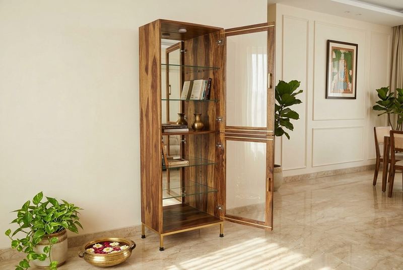 Tower glass display cabinet in a styled room