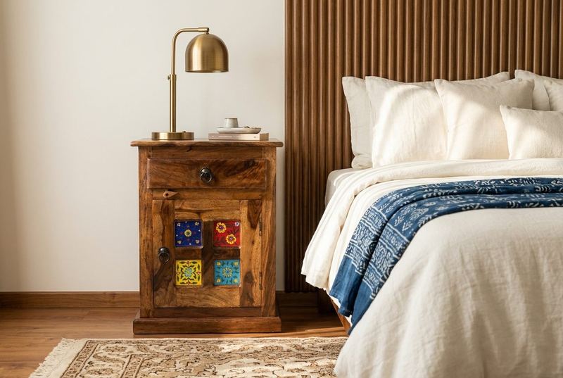 Azul tile bedside cabinet in a styled room
