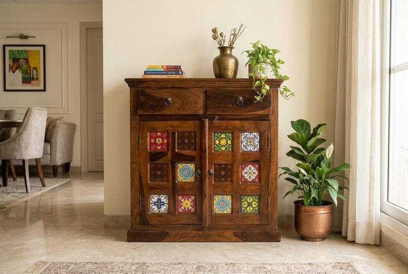 Azulejo tile cabinet in a styled room