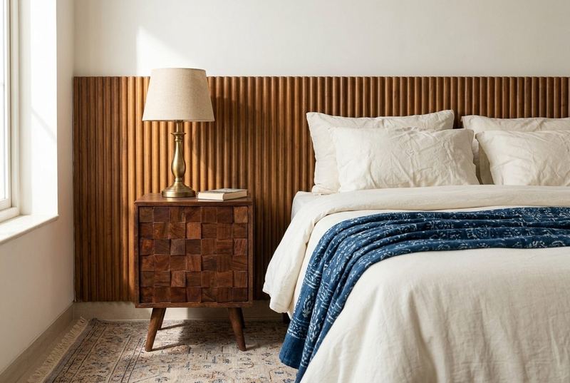 Block bedside table in a styled room