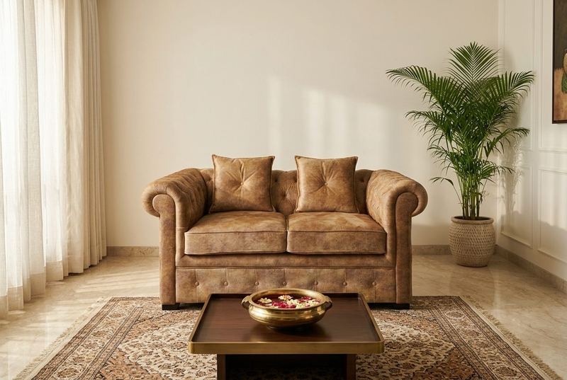 Bronze chesterfield loveseat in a styled room