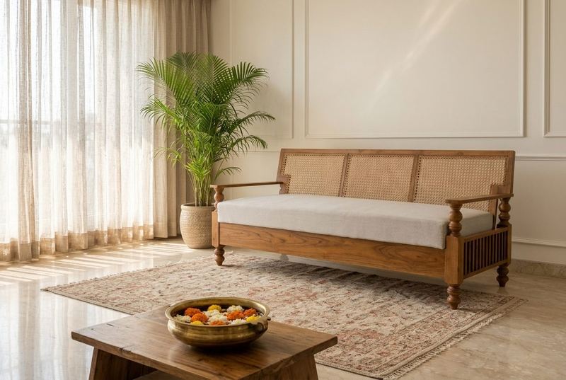 Cane cane-back day sofa in a styled room