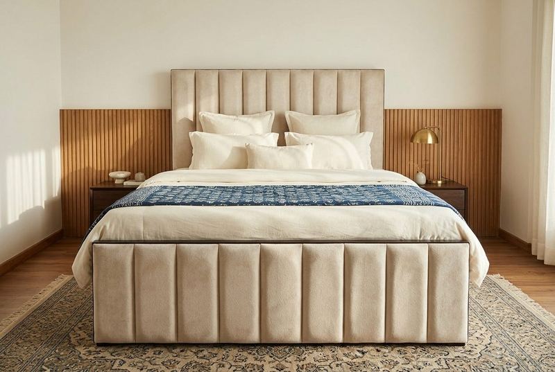 Channel upholstered bed in a styled room