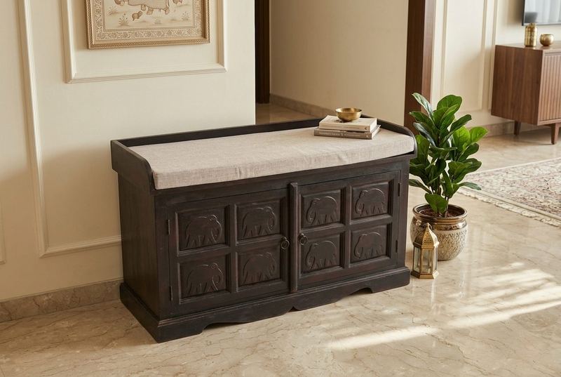 Chest carved storage bench in a styled room