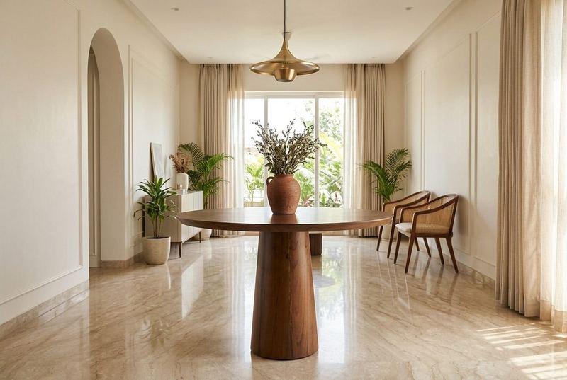 Column pedestal dining table in a styled room