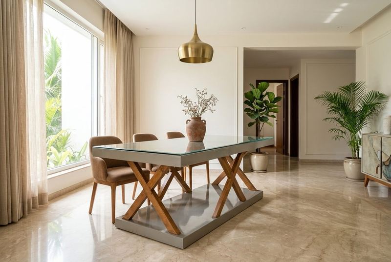 Cross glass-top dining table in a styled room