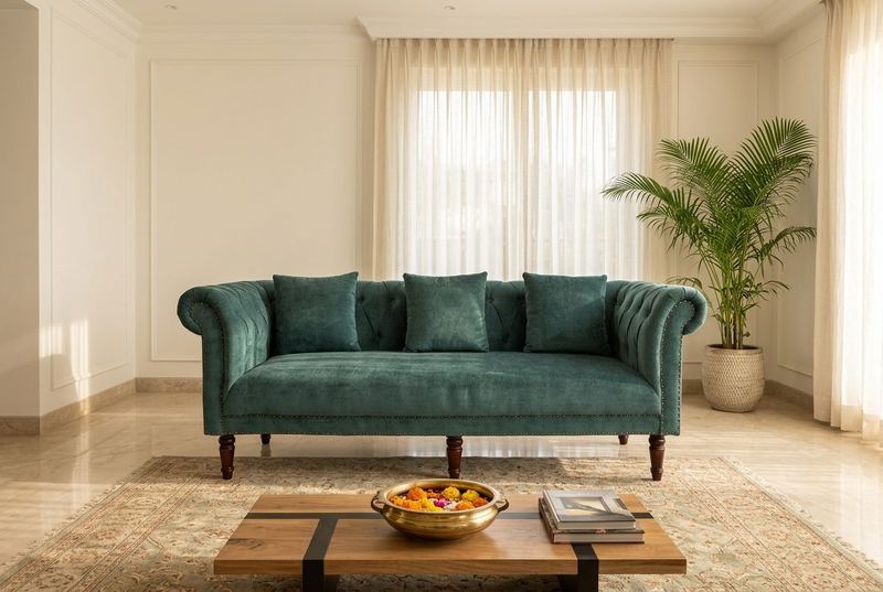 Emerald chesterfield sofa in a styled room