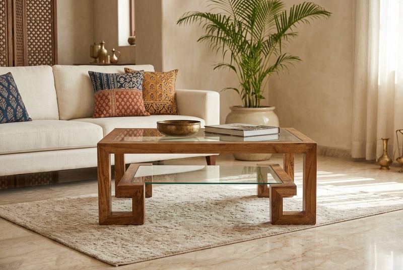 Fret glass coffee table in a styled room