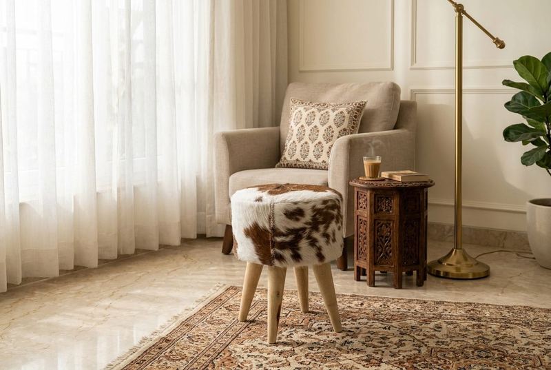Hide cowhide stool in a styled room