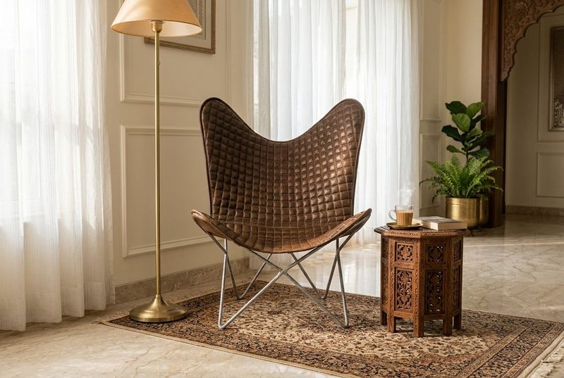 Lattice woven leather butterfly chair in a styled room