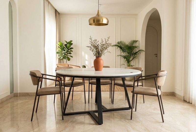 Luna round marble dining table in a styled room