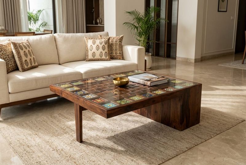 Majolica tile coffee table in a styled room