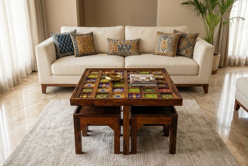 Mosaic tile-top coffee table set in a styled room