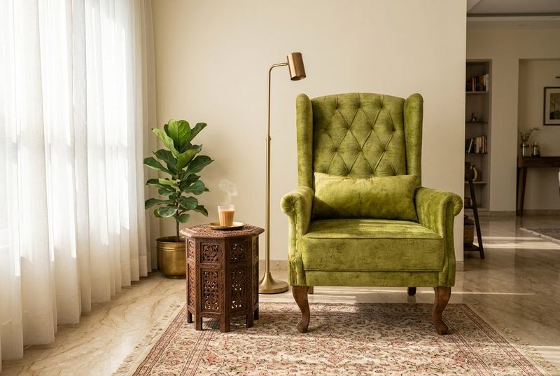 Moss tufted wingback in a styled room