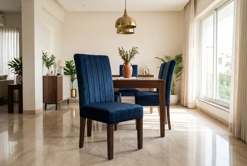 Navy velvet dining chair in a styled room