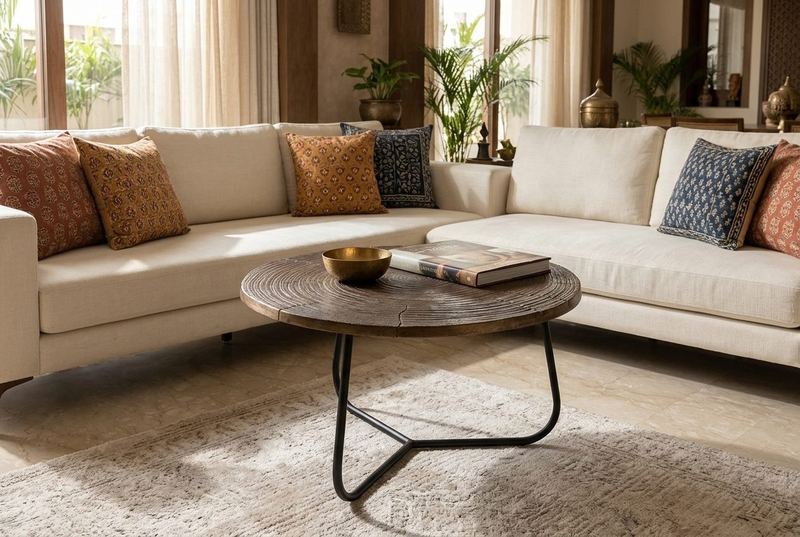 Patina round coffee table in a styled room