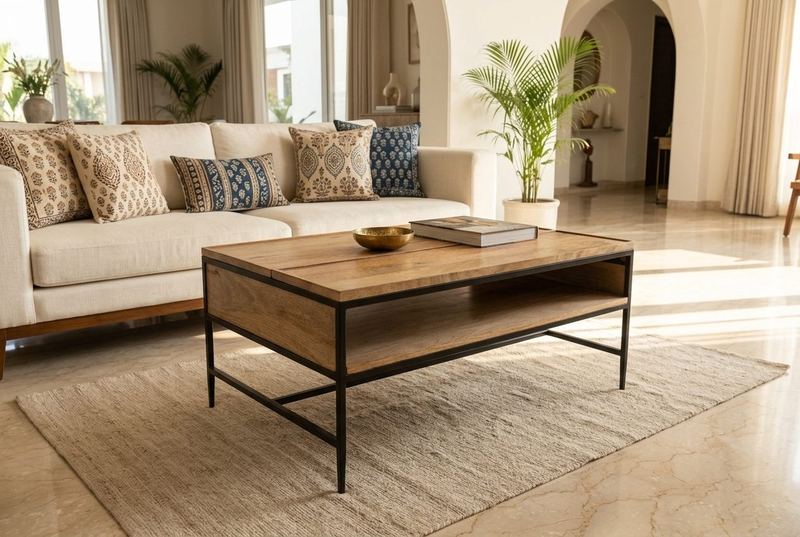 Plank coffee table in a styled room