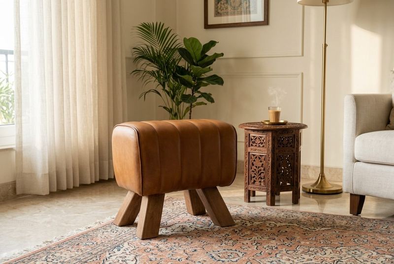 Pommel leather pouf in a styled room