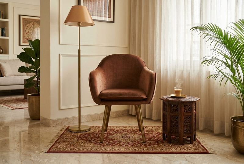 Rust velvet tub chair in a styled room